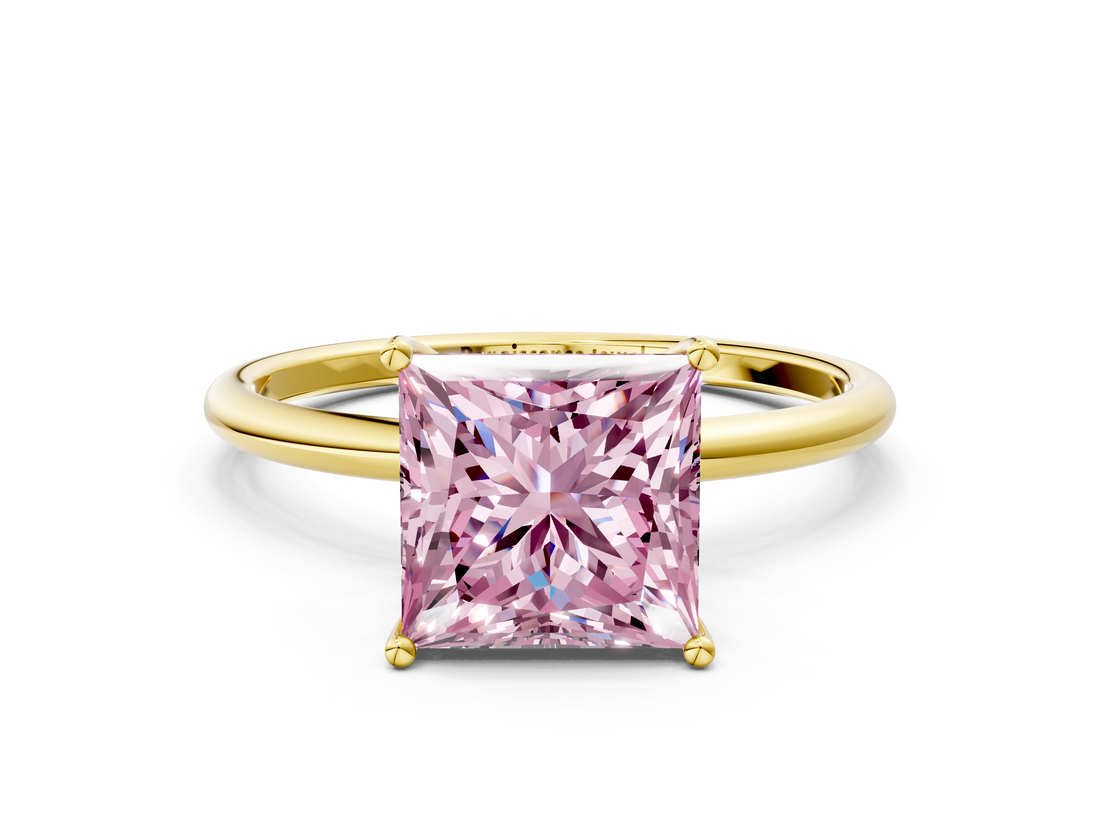Yellow gold Fancy Pink Princess  Cut Solitaire Engagement Ring with Thin Band and Four-Prong Setting_3