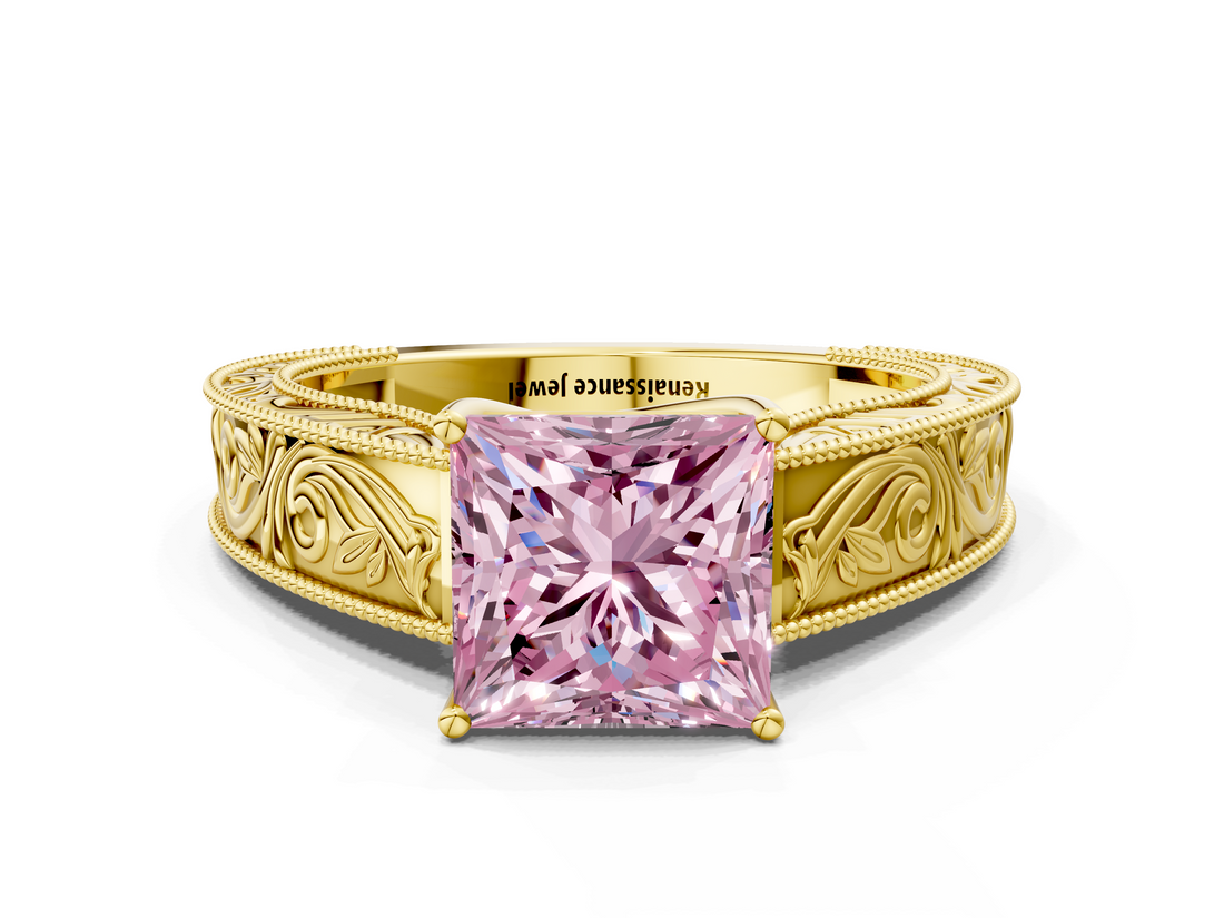 Yellow gold Fancy Pink Princess  Cut Solitaire Engraved Band with Four-Prong Setting
