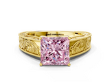 Yellow gold Fancy Pink Princess  Cut Solitaire Engraved Band with Four-Prong Setting