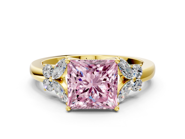 Yellow gold Fancy Pink Princess  Cut Solitaire Floral Diamond Ring with Four-Prong Setting