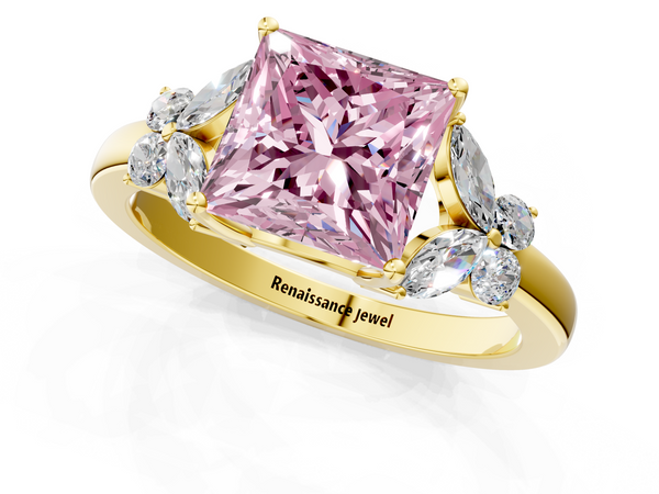 Yellow gold Fancy Pink Princess  Cut Solitaire Floral Diamond Ring with Four-Prong Setting