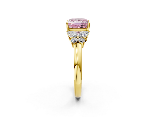 Yellow gold Fancy Pink Princess  Cut Solitaire Floral Diamond Ring with Four-Prong Setting