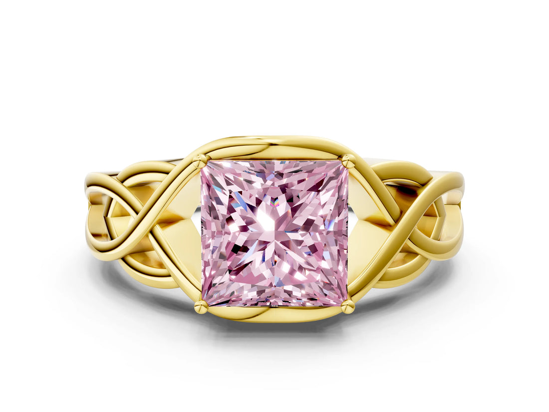 Yellow gold Fancy Pink Princess Cut Solitaire Intertwined Band Prong Setting Ring
