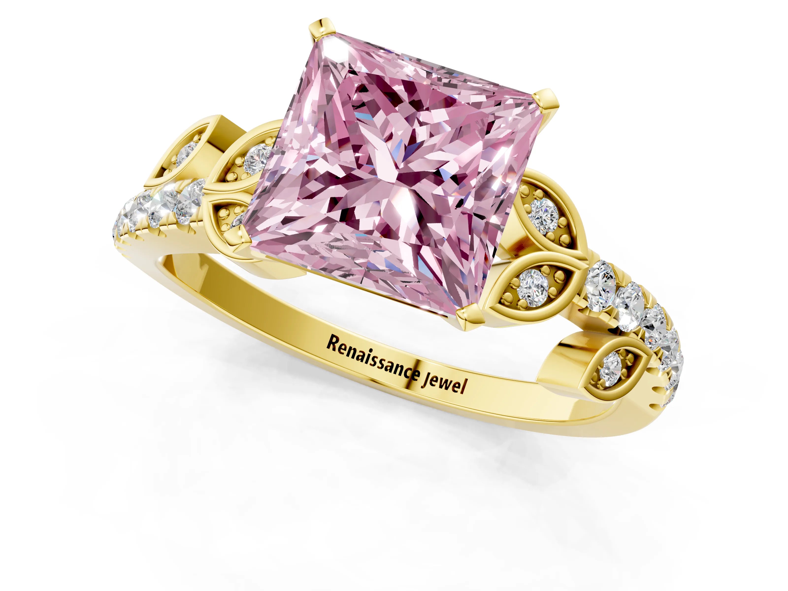 Yellow gold Fancy Pink Princess Cut Solitaire Leaf-Inspired Diamond Ring with Pavé Band and Four-Prong Setting_1