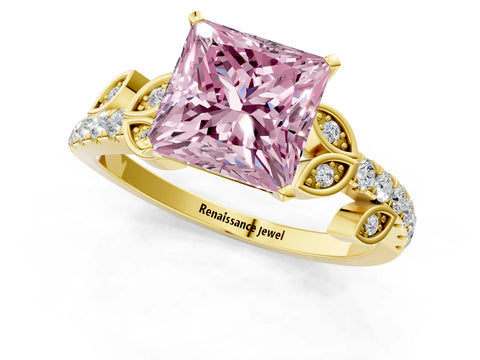 Yellow gold Fancy Pink Princess Cut Solitaire Leaf-Inspired Diamond Ring with Pavé Band and Four-Prong Setting_1