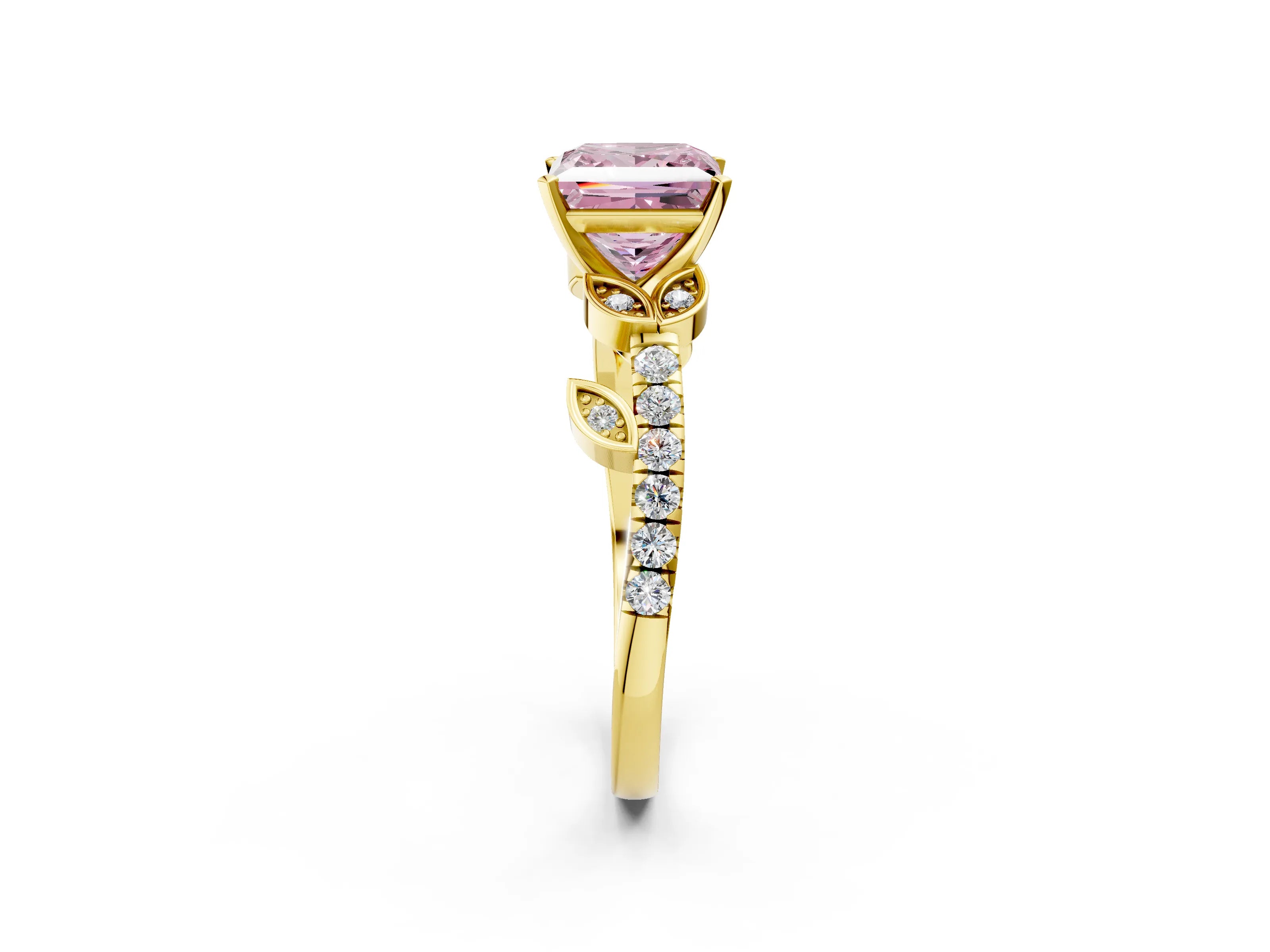 Yellow gold Fancy Pink Princess Cut Solitaire Leaf-Inspired Diamond Ring with Pavé Band and Four-Prong Setting_2