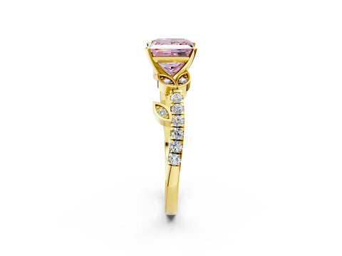 Yellow gold Fancy Pink Princess Cut Solitaire Leaf-Inspired Diamond Ring with Pavé Band and Four-Prong Setting_2