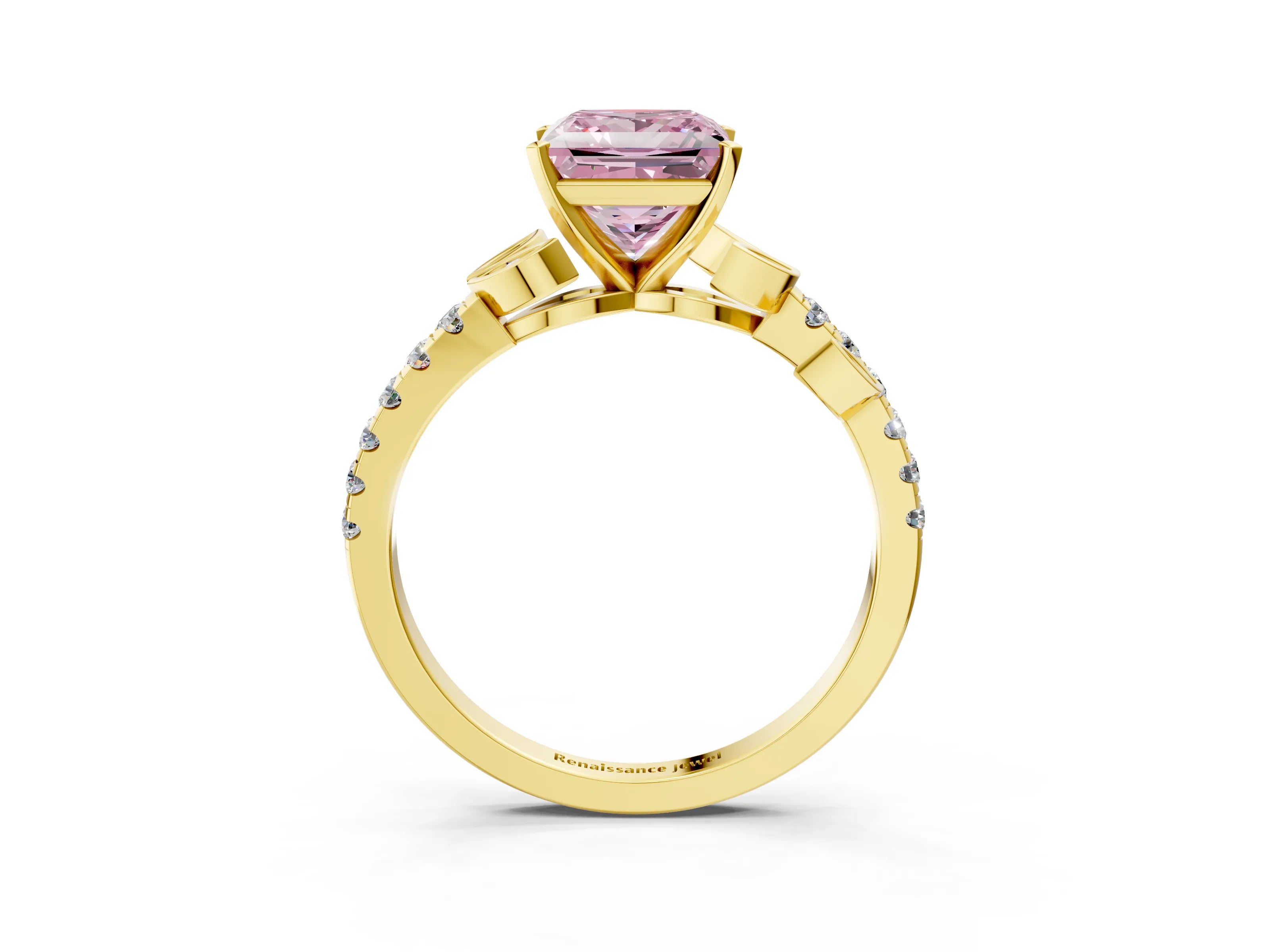 Yellow gold Fancy Pink Princess Cut Solitaire Leaf-Inspired Diamond Ring with Pavé Band and Four-Prong Setting_3