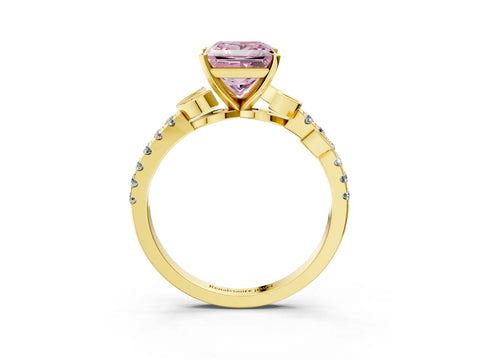 Yellow gold Fancy Pink Princess Cut Solitaire Leaf-Inspired Diamond Ring with Pavé Band and Four-Prong Setting_3