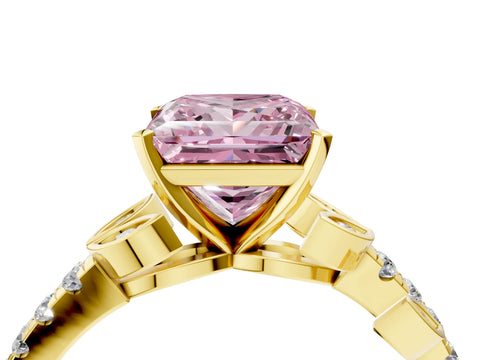 Yellow gold Fancy Pink Princess Cut Solitaire Leaf-Inspired Diamond Ring with Pavé Band and Four-Prong Setting_4