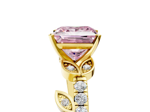 Yellow gold Fancy Pink Princess Cut Solitaire Leaf-Inspired Diamond Ring with Pavé Band and Four-Prong Setting_5