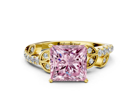 Yellow gold Fancy Pink Princess Cut Solitaire Leaf-Inspired Diamond Ring with Pavé Band and Four-Prong Setting