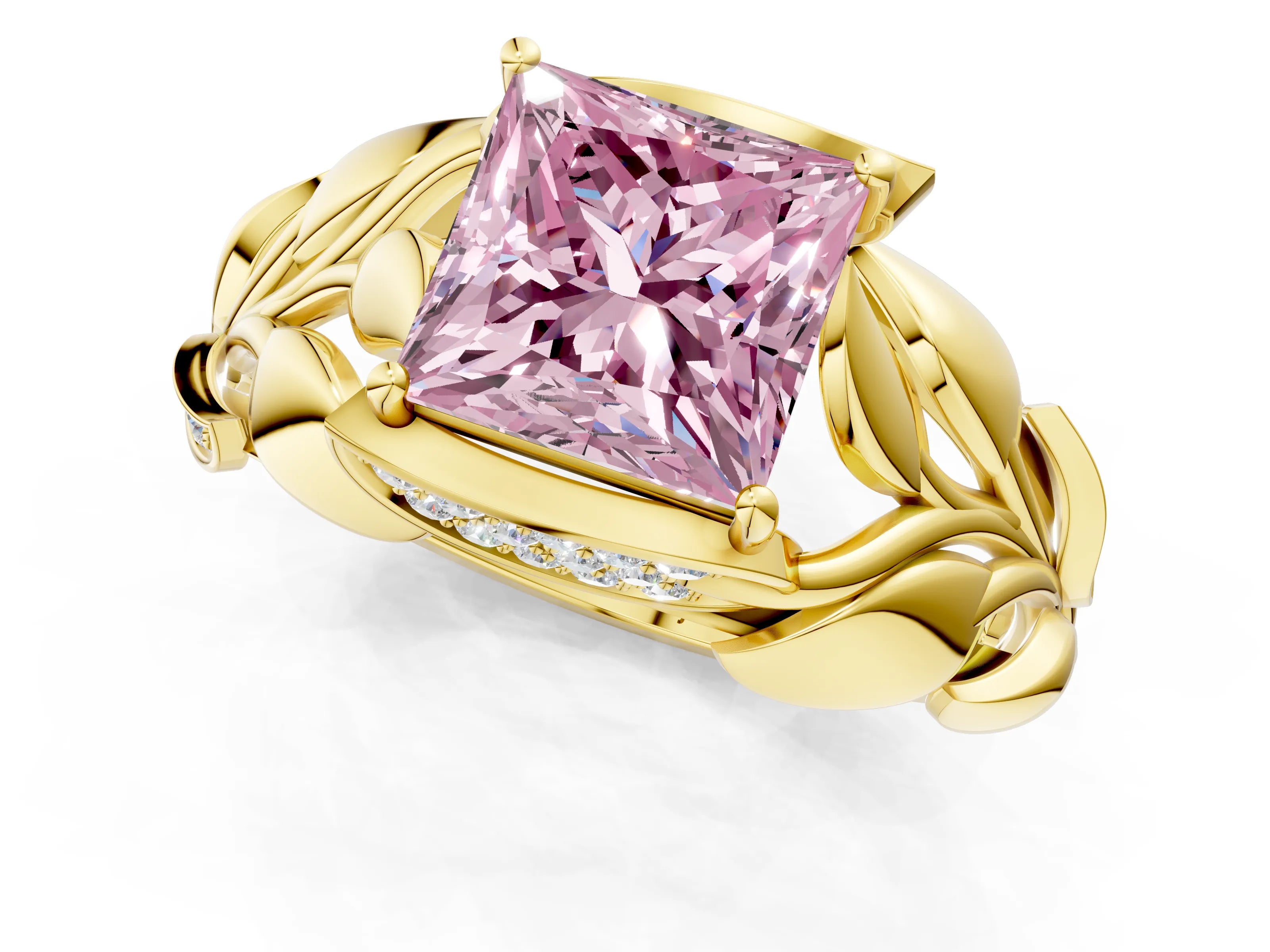 Yellow gold Fancy Pink Princess Cut Solitaire Leaf-Inspired Engagement Ring with Prong Setting_1