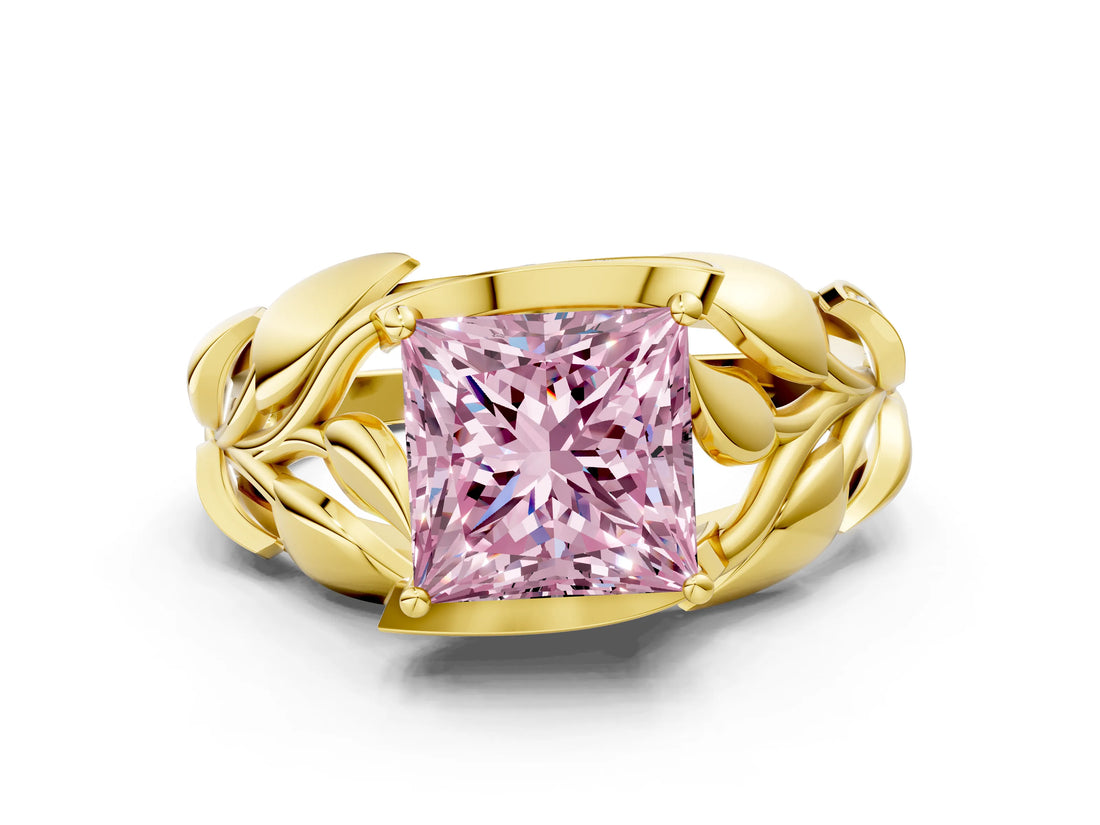 Yellow gold Fancy Pink Princess Cut Solitaire Leaf-Inspired Engagement Ring with Prong Setting_12