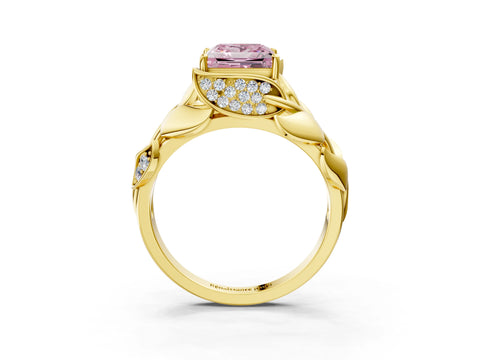Yellow gold Fancy Pink Princess Cut Solitaire Leaf-Inspired Engagement Ring with Prong Setting_3