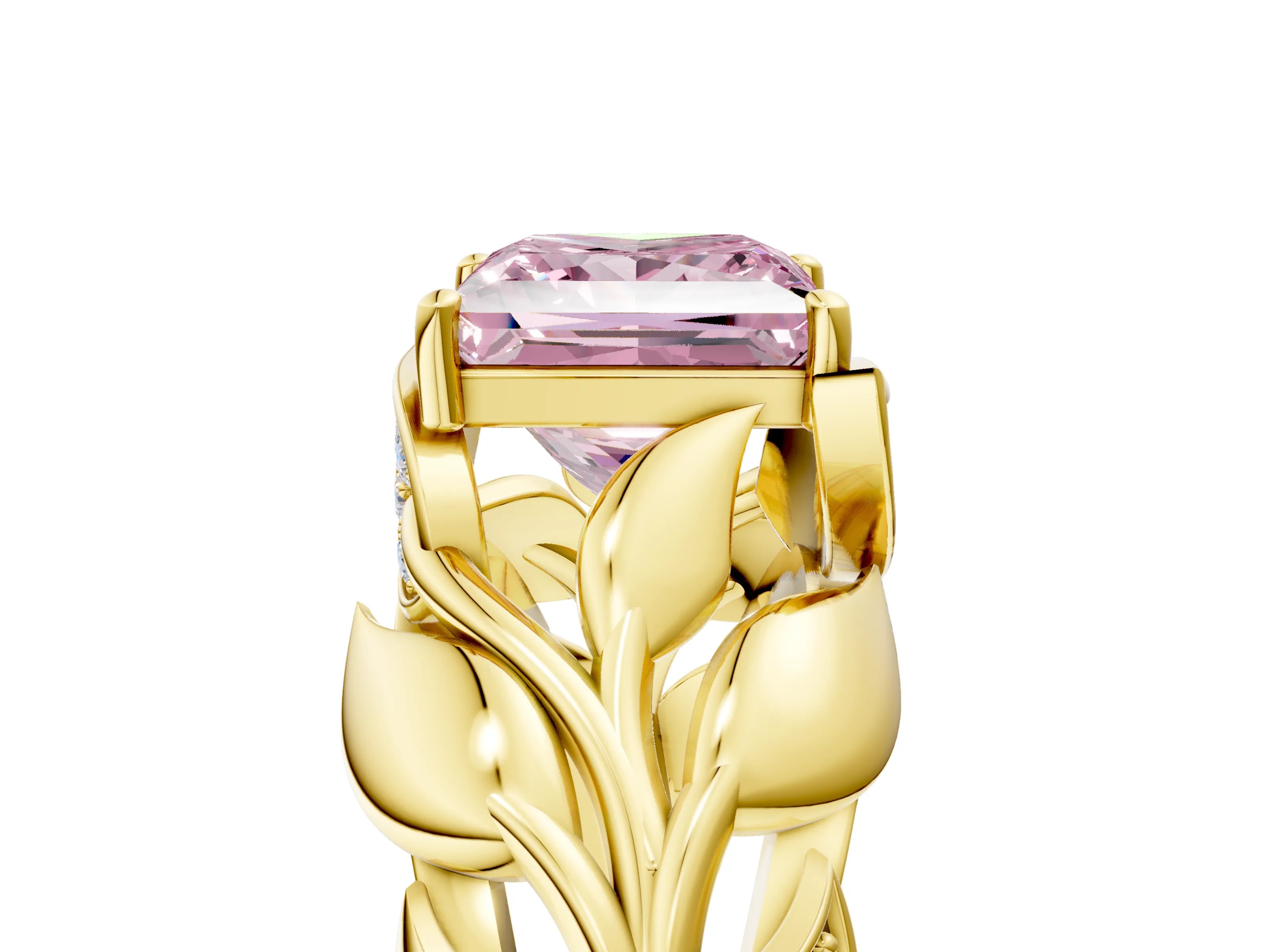Yellow gold Fancy Pink Princess Cut Solitaire Leaf-Inspired Engagement Ring with Prong Setting_5