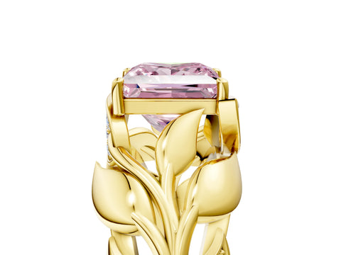 Yellow gold Fancy Pink Princess Cut Solitaire Leaf-Inspired Engagement Ring with Prong Setting_5
