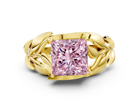 Yellow gold Fancy Pink Princess Cut Solitaire Leaf-Inspired Engagement Ring with Prong Setting