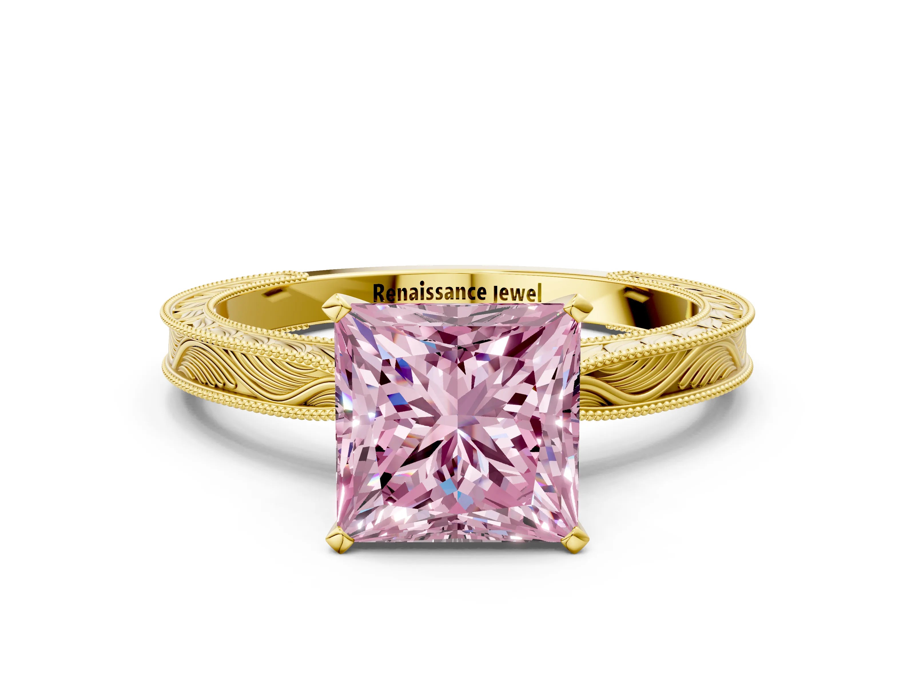 Yellow gold Fancy Pink Princess Cut Solitaire Milgrain Engraved Band with Four-Prong Setting