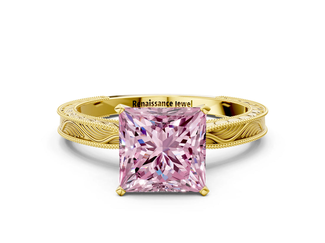 Yellow gold Fancy Pink Princess Cut Solitaire Milgrain Engraved Band with Four-Prong Setting