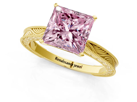 Yellow gold Fancy Pink Princess Cut Solitaire Milgrain Engraved Band with Four-Prong Setting_1