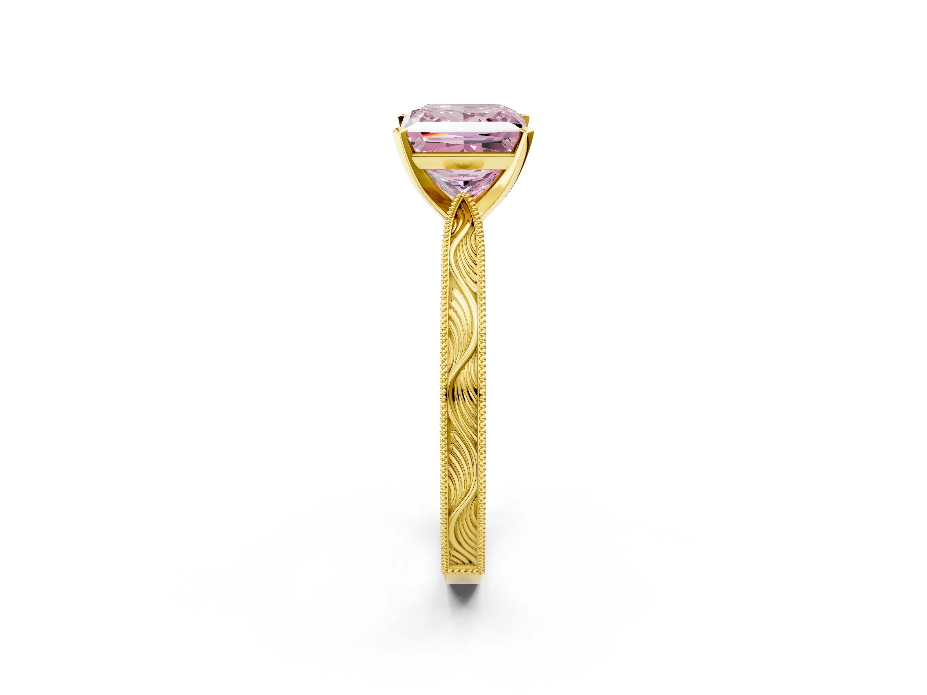 Yellow gold Fancy Pink Princess Cut Solitaire Milgrain Engraved Band with Four-Prong Setting_2