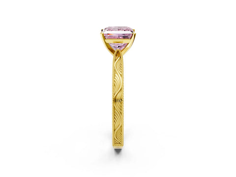 Yellow gold Fancy Pink Princess Cut Solitaire Milgrain Engraved Band with Four-Prong Setting_2