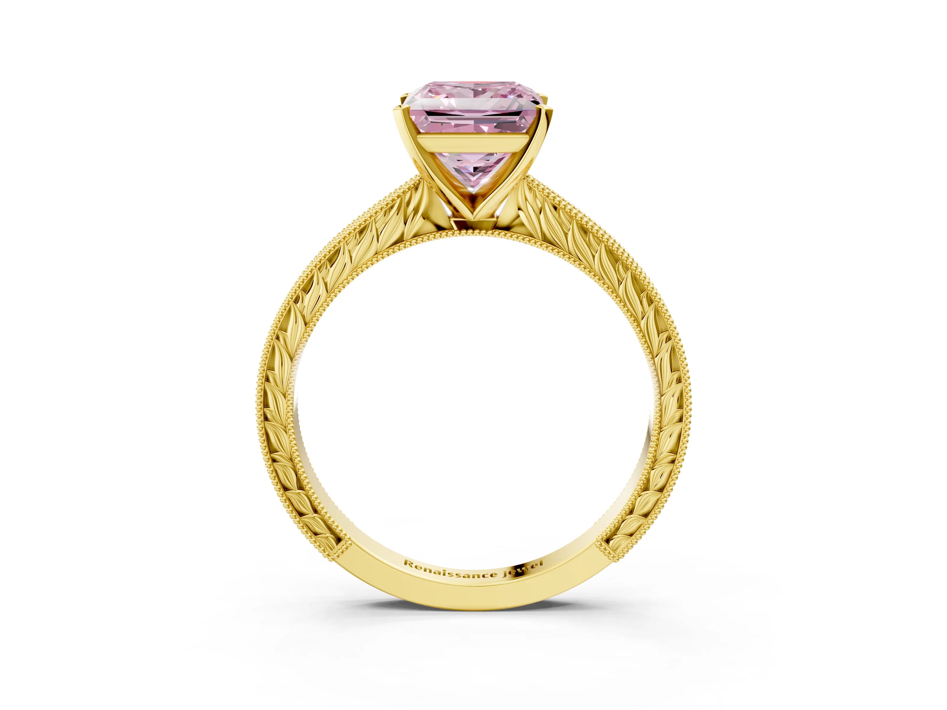 Yellow gold Fancy Pink Princess Cut Solitaire Milgrain Engraved Band with Four-Prong Setting_3