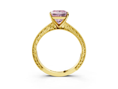Yellow gold Fancy Pink Princess Cut Solitaire Milgrain Engraved Band with Four-Prong Setting_3