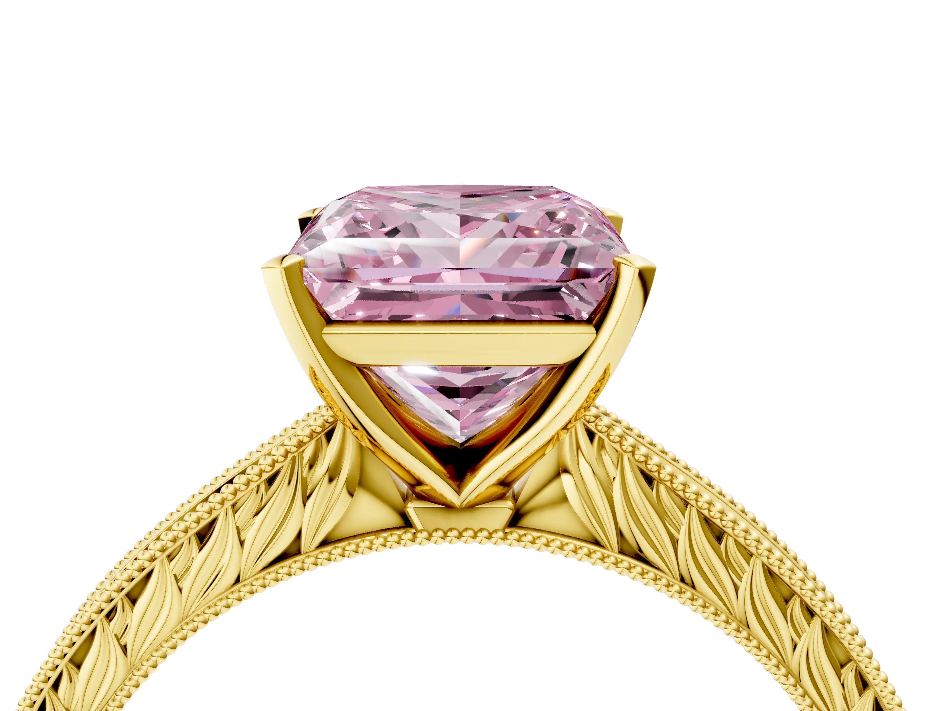 Yellow gold Fancy Pink Princess Cut Solitaire Milgrain Engraved Band with Four-Prong Setting_4