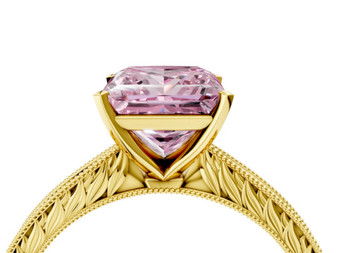 Yellow gold Fancy Pink Princess Cut Solitaire Milgrain Engraved Band with Four-Prong Setting_4
