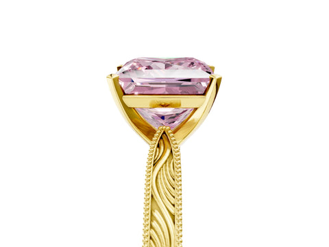 Yellow gold Fancy Pink Princess Cut Solitaire Milgrain Engraved Band with Four-Prong Setting_5