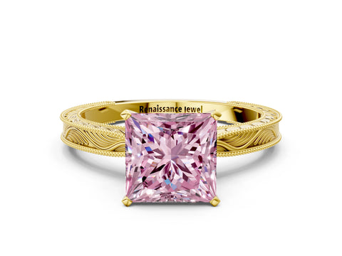 Yellow gold Fancy Pink Princess Cut Solitaire Milgrain Engraved Band with Four-Prong Setting