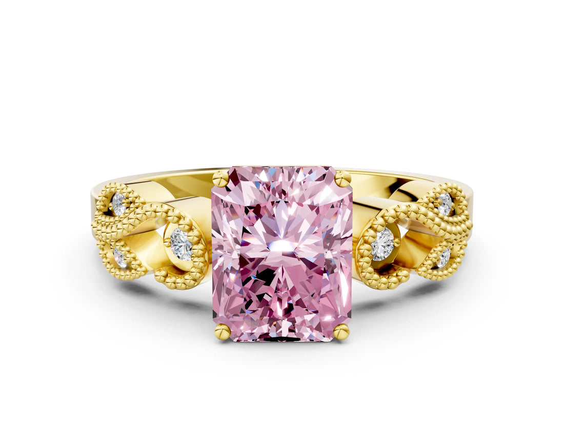 Yellow gold Fancy Pink Princess Cut Solitaire Milgrain Leaf Band with Prong Setting