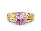 Yellow gold Fancy Pink Princess Cut Solitaire Milgrain Leaf Band with Prong Setting