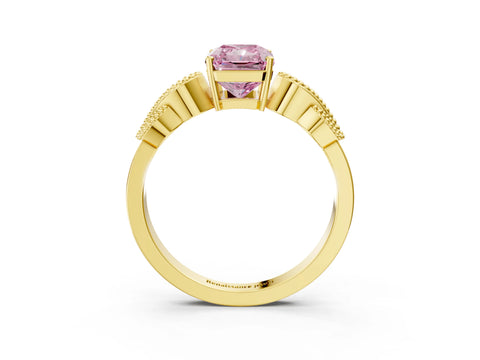 Yellow gold Fancy Pink Princess Cut Solitaire Milgrain Leaf Band with Prong Setting_3