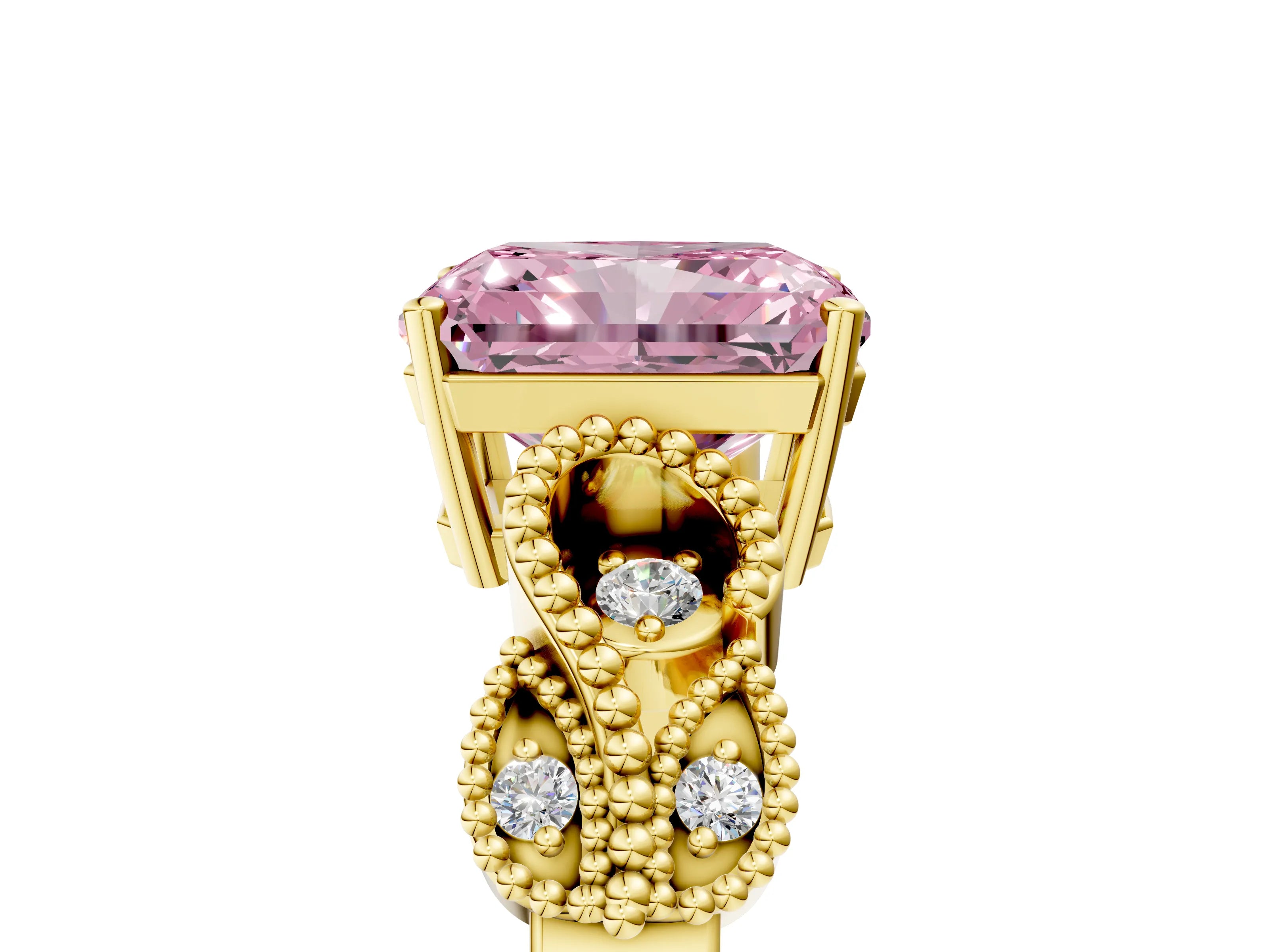 Yellow gold Fancy Pink Princess Cut Solitaire Milgrain Leaf Band with Prong Setting_5