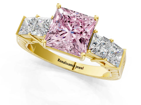 Yellow gold Fancy Pink Princess Cut Solitaire Princess Side Stone Engraved Band Prong Setting Ring_1