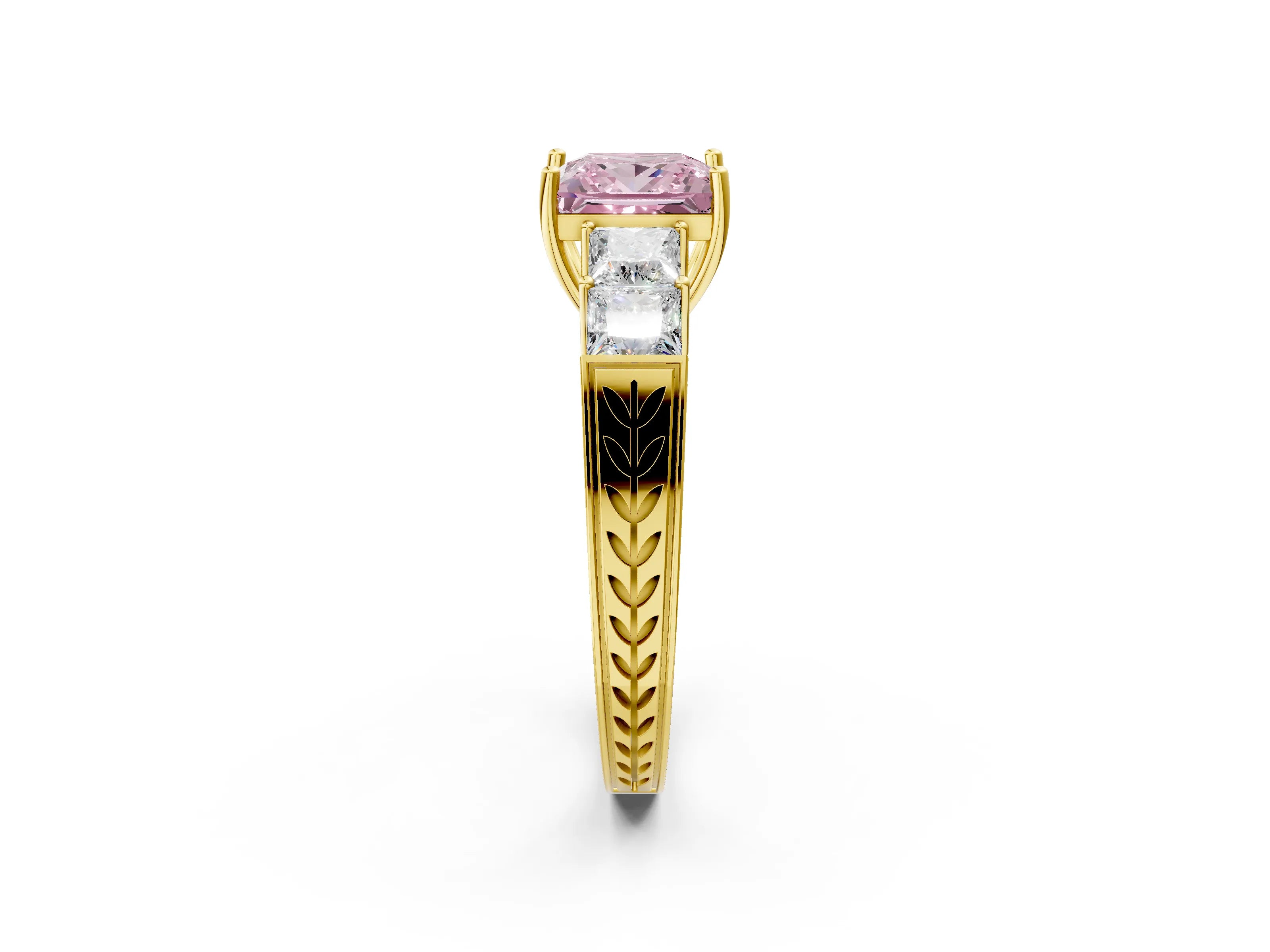 Yellow gold Fancy Pink Princess Cut Solitaire Princess Side Stone Engraved Band Prong Setting Ring_2