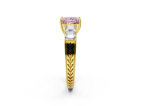 Yellow gold Fancy Pink Princess Cut Solitaire Princess Side Stone Engraved Band Prong Setting Ring_2