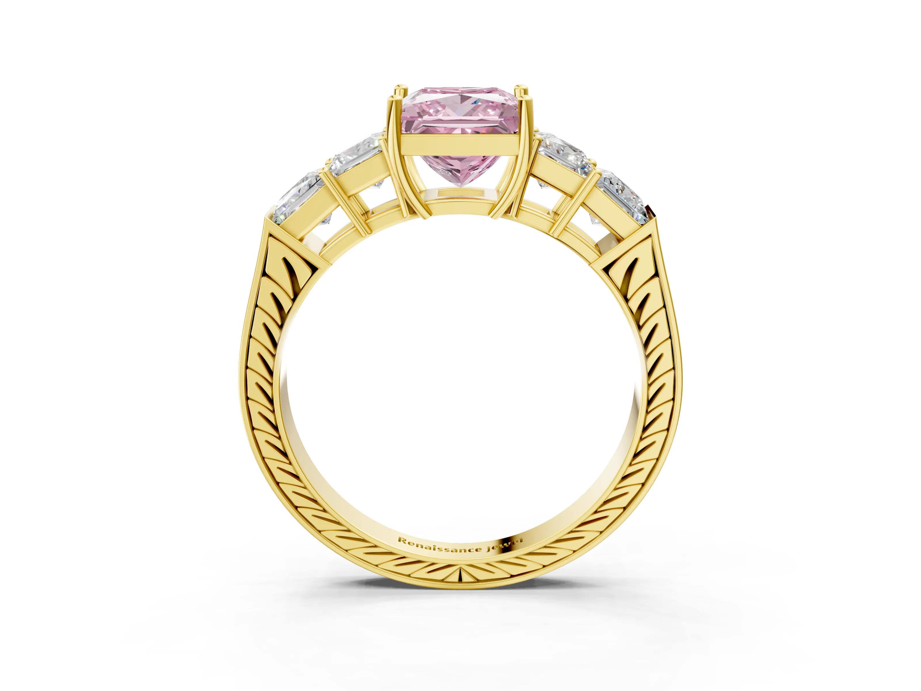 Yellow gold Fancy Pink Princess Cut Solitaire Princess Side Stone Engraved Band Prong Setting Ring_3