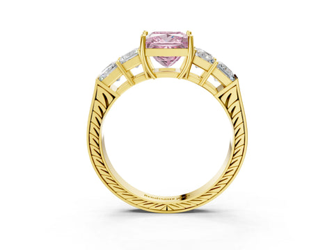 Yellow gold Fancy Pink Princess Cut Solitaire Princess Side Stone Engraved Band Prong Setting Ring_3