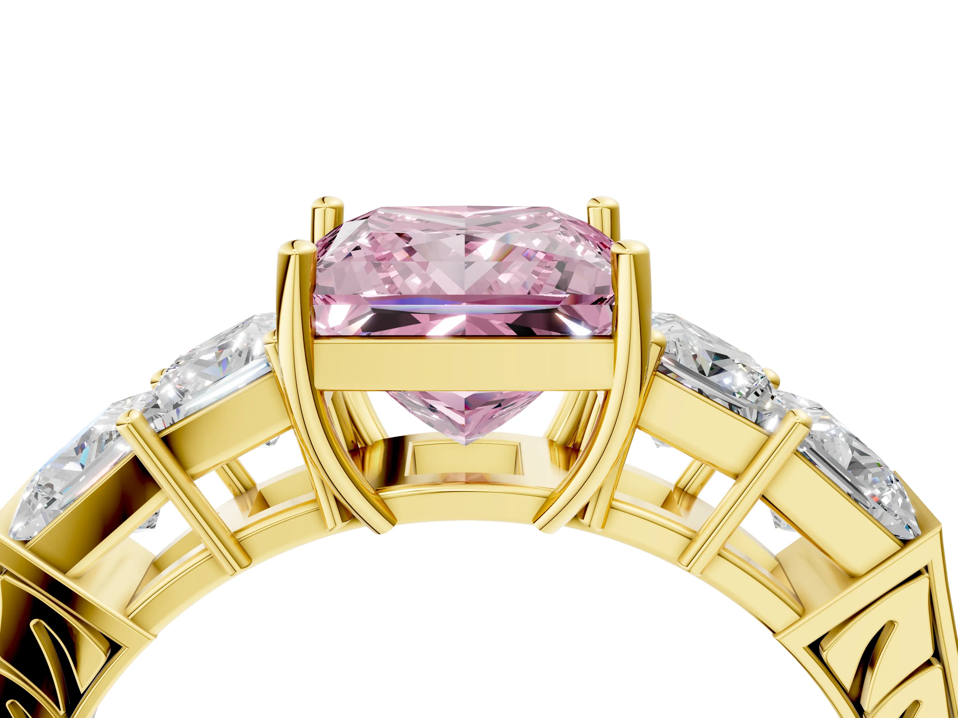 Yellow gold Fancy Pink Princess Cut Solitaire Princess Side Stone Engraved Band Prong Setting Ring_4