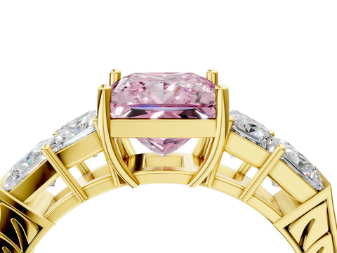 Yellow gold Fancy Pink Princess Cut Solitaire Princess Side Stone Engraved Band Prong Setting Ring_4