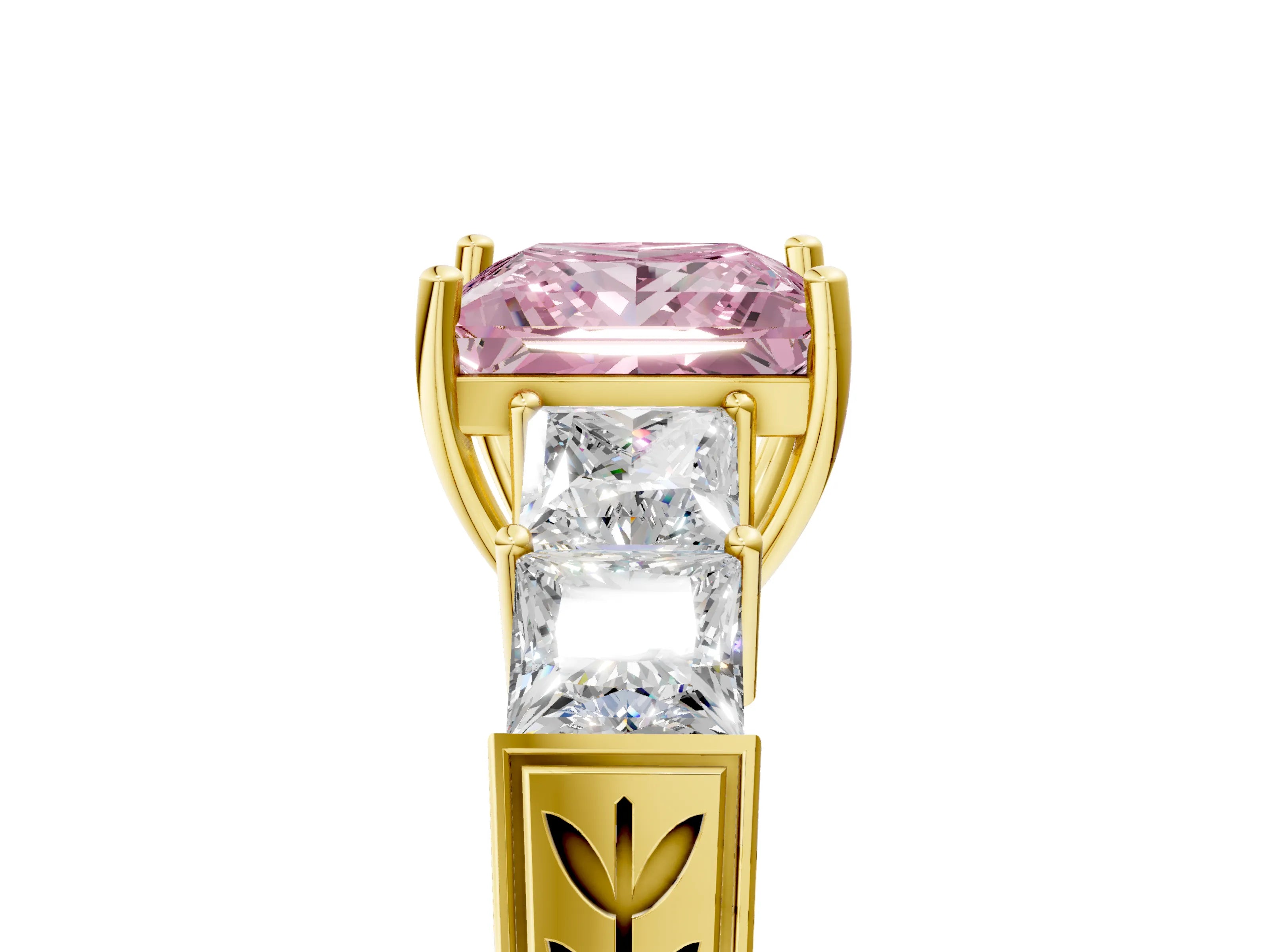 Yellow gold Fancy Pink Princess Cut Solitaire Princess Side Stone Engraved Band Prong Setting Ring_5