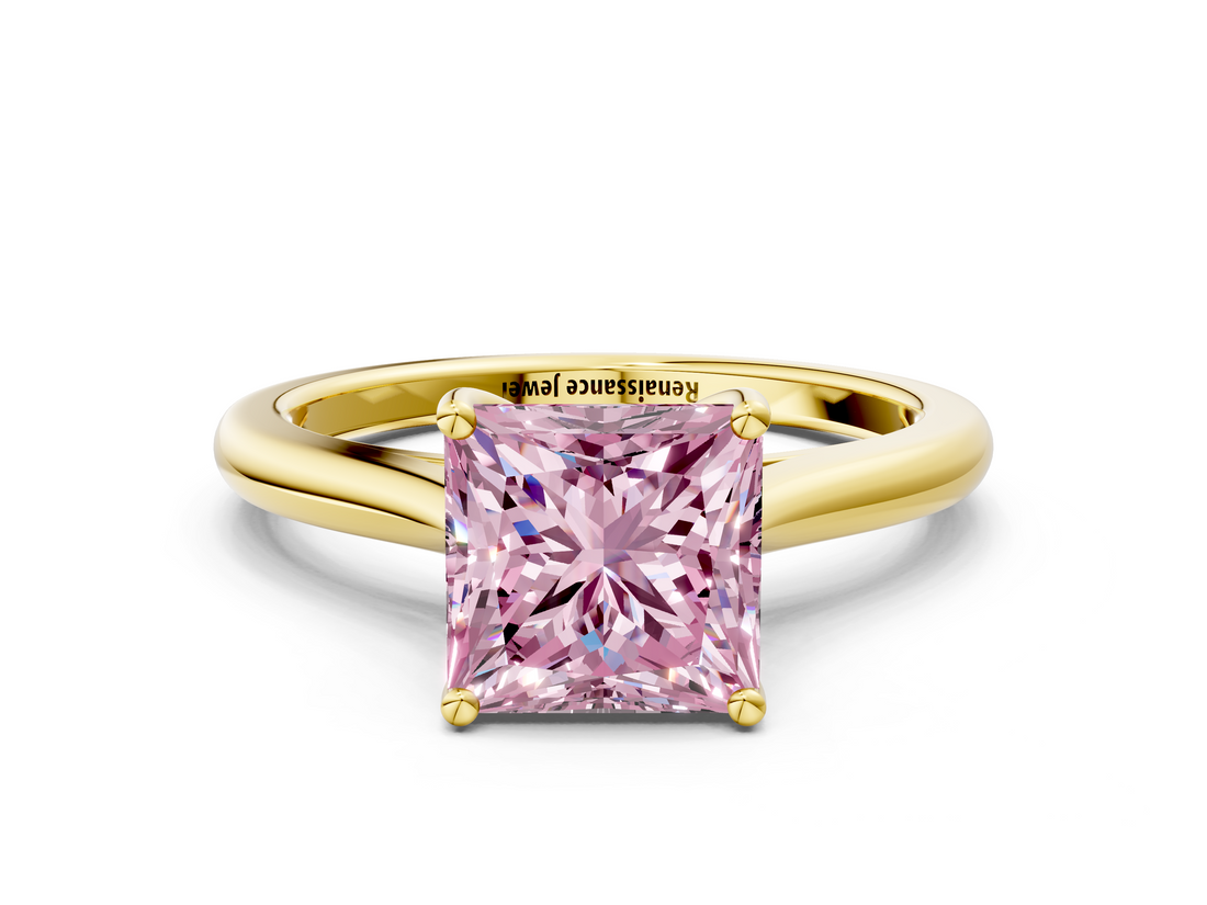 Yellow gold Fancy Pink Princess  Cut Solitaire Ring with Cathedral Band and Four-Prong Setting