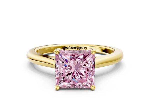 Yellow gold Fancy Pink Princess  Cut Solitaire Ring with Cathedral Band and Four-Prong Setting