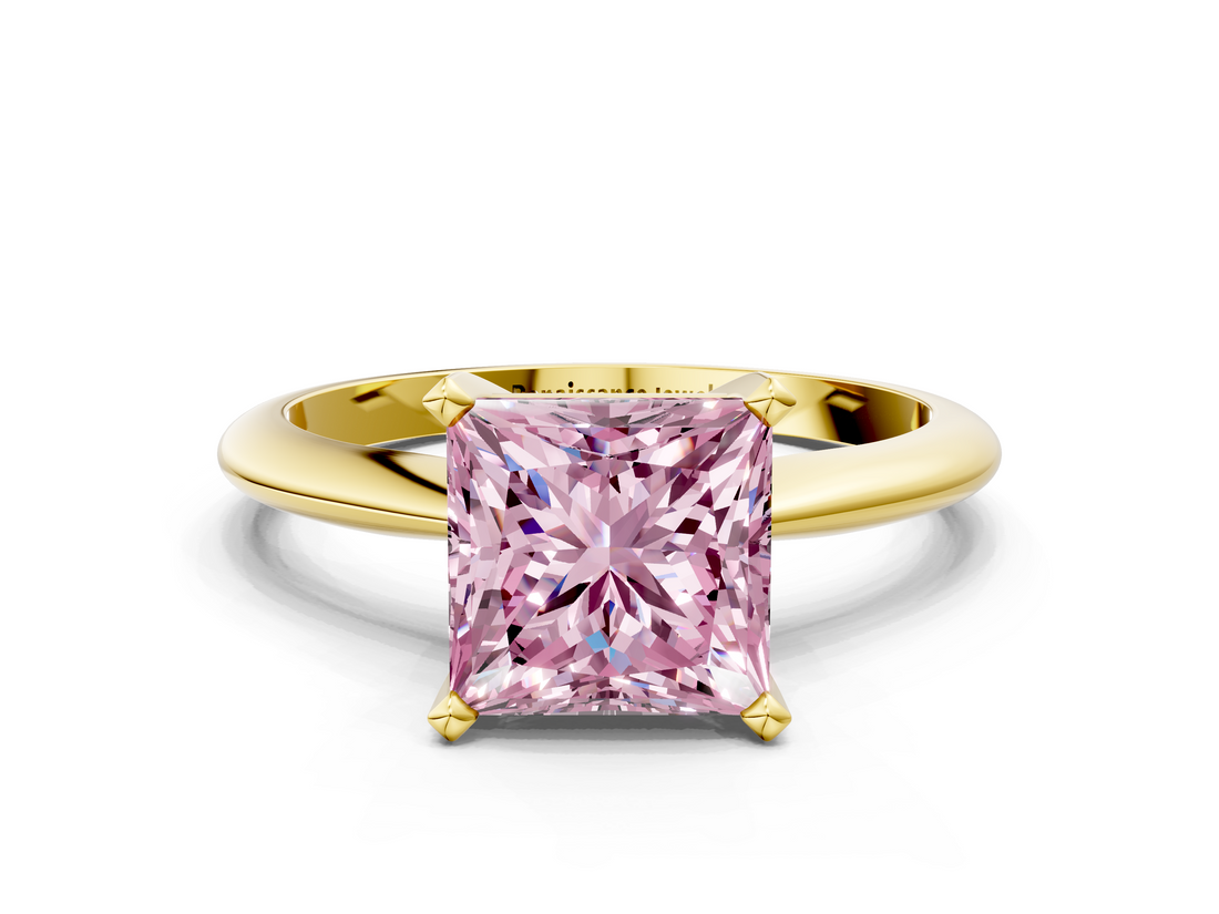 Yellow gold Fancy Pink Princess  Cut Solitaire Ring with Four-Prong Setting on a Classic Band