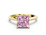 Yellow gold Fancy Pink Princess  Cut Solitaire Ring with Four-Prong Setting on a Classic Band