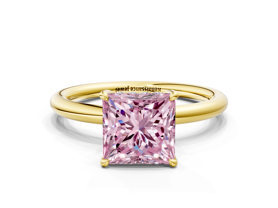 Yellow gold Fancy Pink Princess  Cut Solitaire Ring with Thin Band and Four-Prong Setting